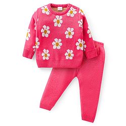 Babyhug Knitted Full Sleeves Pullover Sweater Set with Floral Design - Pink