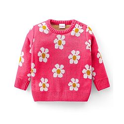 Babyhug Knitted Full Sleeves Pullover Sweater Set with Floral Design - Pink