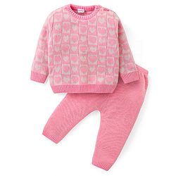 Babyhug Knitted Full Sleeves Pullover Sweater Set With Hearts Design - Light Pink