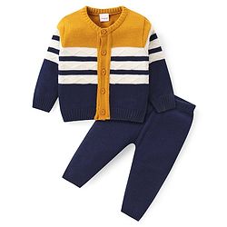 Babyhug Knitted Full Sleeves Front Open Striped Sweater Set - Navy Blue Yellow & White