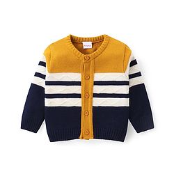 Babyhug Knitted Full Sleeves Front Open Striped Sweater Set - Navy Blue Yellow & White