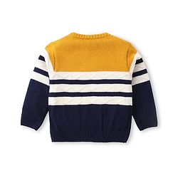 Babyhug Knitted Full Sleeves Front Open Striped Sweater Set - Navy Blue Yellow & White