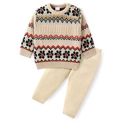 Babyhug Knitted Full Sleeves Floral Designed Pullover Sweater Set - Beige