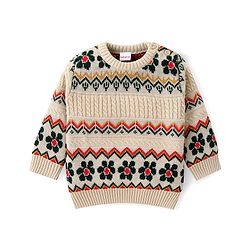 Babyhug Knitted Full Sleeves Floral Designed Pullover Sweater Set - Beige