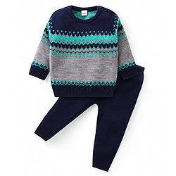 Babyhug Knit Full Sleeves Pullover Sweater Set with Aztec Design - Navy Blue & Grey