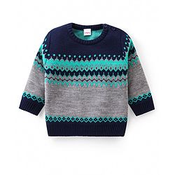 Babyhug Knit Full Sleeves Pullover Sweater Set with Aztec Design - Navy Blue & Grey