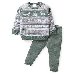 Babyhug Knitted Full Sleeves Pullover Sweater Set with Christmas Theme Design - Grey & Green