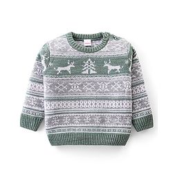 Babyhug Knitted Full Sleeves Pullover Sweater Set with Christmas Theme Design - Grey & Green