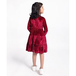 Babyhug Velour Full Sleeves Tiered Frock With Floral & Text Embroidered -Red