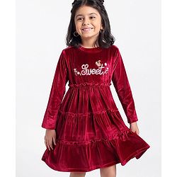 Babyhug Velour Full Sleeves Tiered Frock With Floral & Text Embroidered -Red