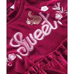 Babyhug Velour Full Sleeves Tiered Frock With Floral & Text Embroidered -Red