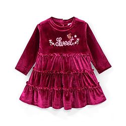 Babyhug Velour Full Sleeves Tiered Frock With Floral & Text Embroidered -Red