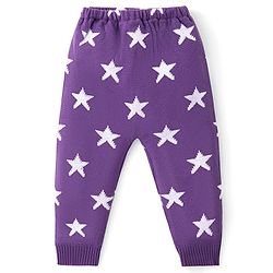 Babyhug Knit Full Length Fleece & Woollen Pant with Star Embroidery - Purple & White