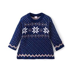 Babyhug Knitted Full Sleeves Woollen Dress with Aztec Design - Blue