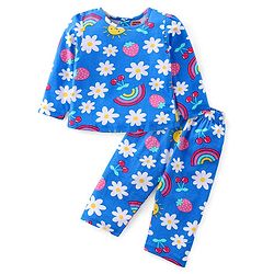Babyhug Cotton Knit Full Sleeves Night Suit with Floral & Rainbow Print - Blue
