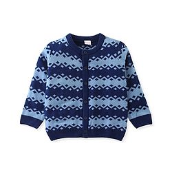 Babyhug Knit Front Open Full Sleeves Striped Sweater with Argyle Design - Navy Blue