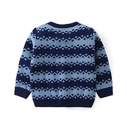 Babyhug Knit Front Open Full Sleeves Striped Sweater with Argyle Design - Navy Blue