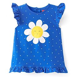 Babyhug Cotton Knit Flutter Sleeves Nighty With Floral Print - Navy