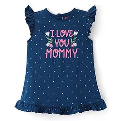 Babyhug Cotton Knit Flutter Sleeves Nighty With Floral & Text Print - Navy
