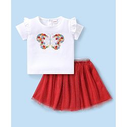 Babyhug Single Jersey Knit Half Frill Sleeves Top and Skirt With Butterfly Embroidery- White & Red