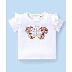 Babyhug Single Jersey Knit Half Frill Sleeves Top and Skirt With Butterfly Embroidery- White & Red