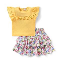 Babyhug Single Jersey Knit Frill Sleeves Schiffli Top & Layered Skirt with Floral Print - Multicolour
