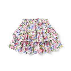 Babyhug Single Jersey Knit Frill Sleeves Schiffli Top & Layered Skirt with Floral Print - Multicolour