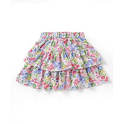 Babyhug Single Jersey Knit Frill Sleeves Schiffli Top & Layered Skirt with Floral Print - Multicolour