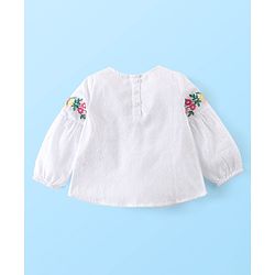 Babyhug Cotton Woven Full Sleeves Top & Pants Set With Floral Embroidery - White & Pink