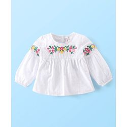 Babyhug Cotton Woven Full Sleeves Top & Pants Set With Floral Embroidery - White & Pink