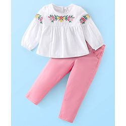 Babyhug Cotton Woven Full Sleeves Top & Pants Set With Floral Embroidery - White & Pink
