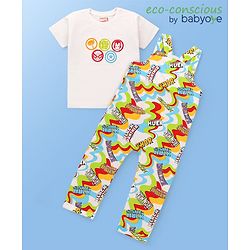 Babyhug Marvel  Interlock Knit Half Sleeves T-shirt With Dungaree Avengers Graphic - Yellow White & Blue