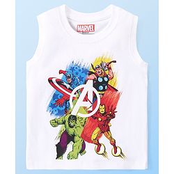 Babyhug Marvel  Cotton Knit Sleevesless Tank T-Shirt with  Avengers Graphics- White
