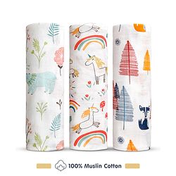 Babyhug Cotton Muslin Multipurpose Swaddle Wraps Unicorn Print Pack of 3 - Multicolour