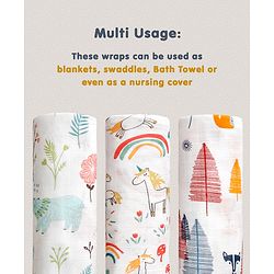 Babyhug Cotton Muslin Multipurpose Swaddle Wraps Unicorn Print Pack of 3 - Multicolour