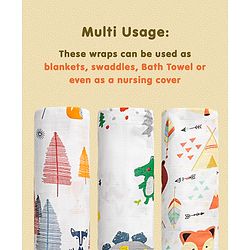 Babyhug Cotton Muslin Multipurpose Swaddle Wraps Unicorn Print Pack of 3 - Multicolour