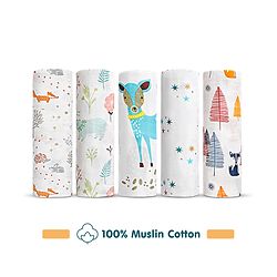 Babyhug Cotton Muslin Multipurpose Swaddle Wraps Forest Print Pack of 5 - Multicolour