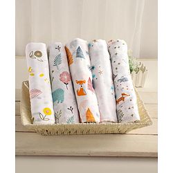 Babyhug Cotton Muslin Multipurpose Swaddle Wraps Forest Print Pack of 5 - Multicolour