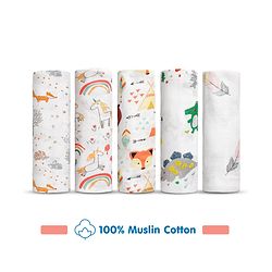 Babyhug Cotton Muslin Multipurpose Swaddle Wraps Forest Print Pack of 5 - Multicolour