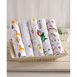 Babyhug Cotton Muslin Multipurpose Swaddle Wraps Forest Print Pack of 5 - Multicolour
