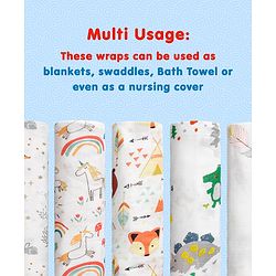 Babyhug Cotton Muslin Multipurpose Swaddle Wraps Forest Print Pack of 5 - Multicolour