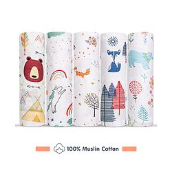 Babyhug Cotton Muslin Multipurpose Swaddle Wraps Forest Print Pack of 5 - Multicolour