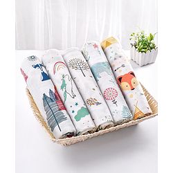 Babyhug Cotton Muslin Multipurpose Swaddle Wraps Forest Print Pack of 5 - Multicolour