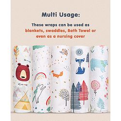 Babyhug Cotton Muslin Multipurpose Swaddle Wraps Forest Print Pack of 5 - Multicolour