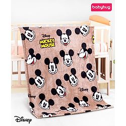 Babyhug Lightweight Disney Single Ply Mink Blanket Smiley Mickey  Print- Brown