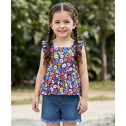 Babyhug Cotton Knit Sleeveless Top & Denim Shorts Set With Floral Print - Multicolor