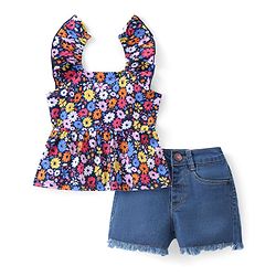 Babyhug Cotton Knit Sleeveless Top & Denim Shorts Set With Floral Print - Multicolor
