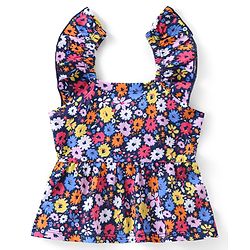 Babyhug Cotton Knit Sleeveless Top & Denim Shorts Set With Floral Print - Multicolor