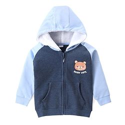 Babyhug Cotton Knit Full Sleeves Front Open Sweat Jacket with Hood Zipper & Teddy Graphics - Navy Blue
