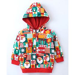 Babyhug Cotton Knit Full Sleeves Front Open Hooded Sweatjacket With Christmas Theme Print - Multicolour